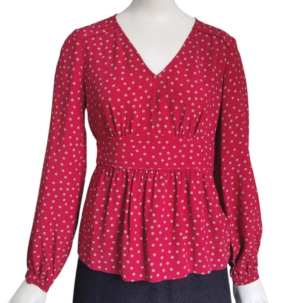 BODEN Elsie Boho Tan Polk Dot & Red w Peplum Long Sleeve Viscose Top Sz 2P